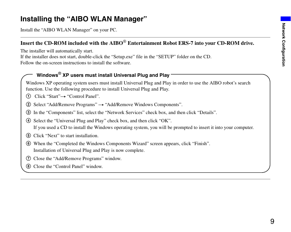 Installing the “aibo wlan manager, 9installing the “aibo wlan manager | Sony ERS-7 User Manual | Page 9 / 62