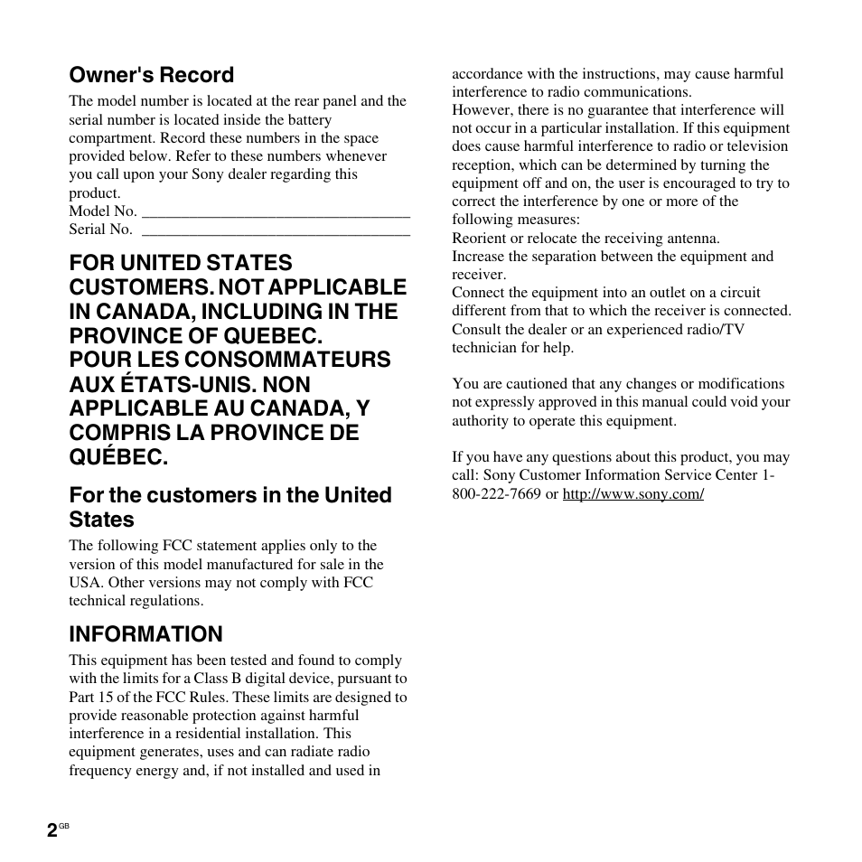Owner's record, Information | Sony ICD-UX300 User Manual | Page 2 / 112