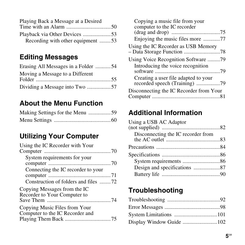 Editing messages, About the menu function, Utilizing your computer | Additional information, Troubleshooting | Sony ICD-UX300 User Manual | Page 5 / 112
