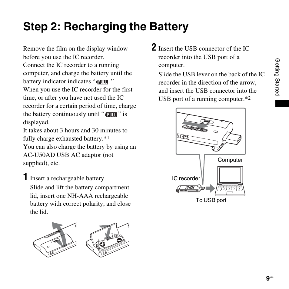 Step 2: recharging the battery | Sony ICD-UX300 User Manual | Page 9 / 112