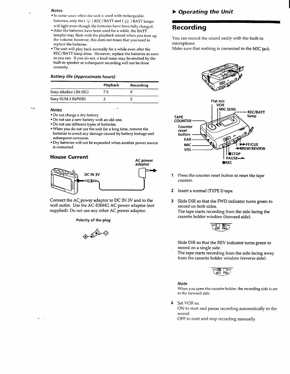 House current, Recording, Operating the unit | Sony TCM-59V User Manual | Page 2 / 6