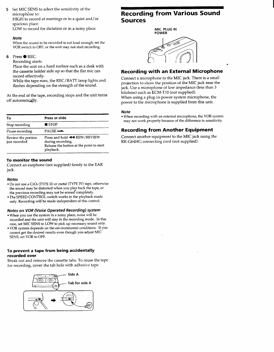 To monitor the sound, Recording from various sound sources, Recording with an external microphone | Recording from another equipment | Sony TCM-59V User Manual | Page 3 / 6