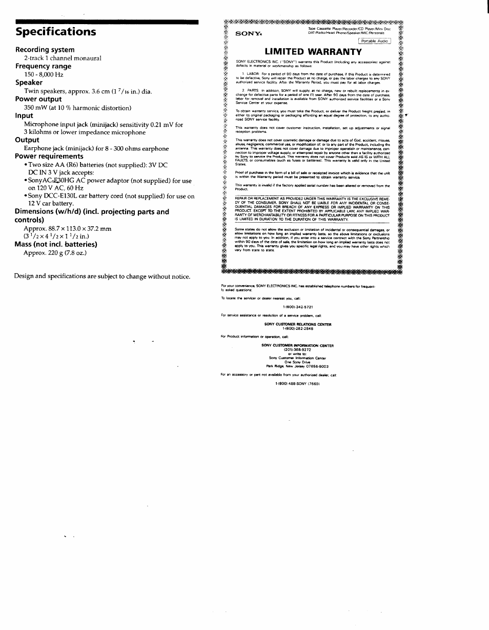 Specifications, Recording system, Power output | Input, Power requirements, Mass (not incl. batteries), Limited warranty, Frequency range, Speaker, Output | Sony TCM-59V User Manual | Page 4 / 6