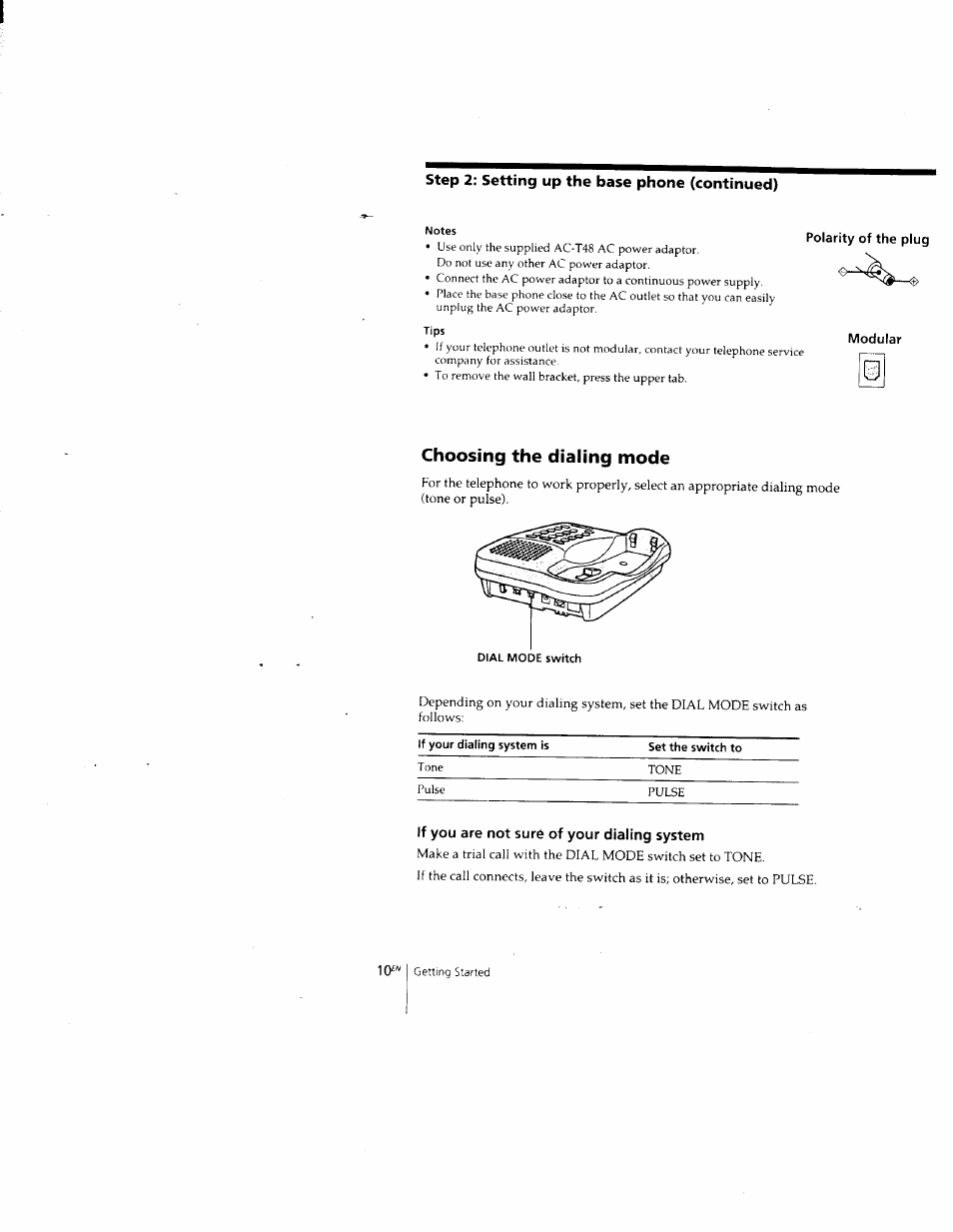 Notes, Tips, Choosing the dialing mode | If you are not sure of your dialing system, Step 2; setting up the base phone (continued) | Sony SPP-205 User Manual | Page 10 / 63