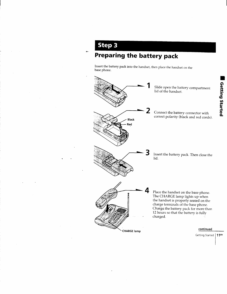 Preparing the battery pack, Continued, Step 3 | Sony SPP-205 User Manual | Page 11 / 63