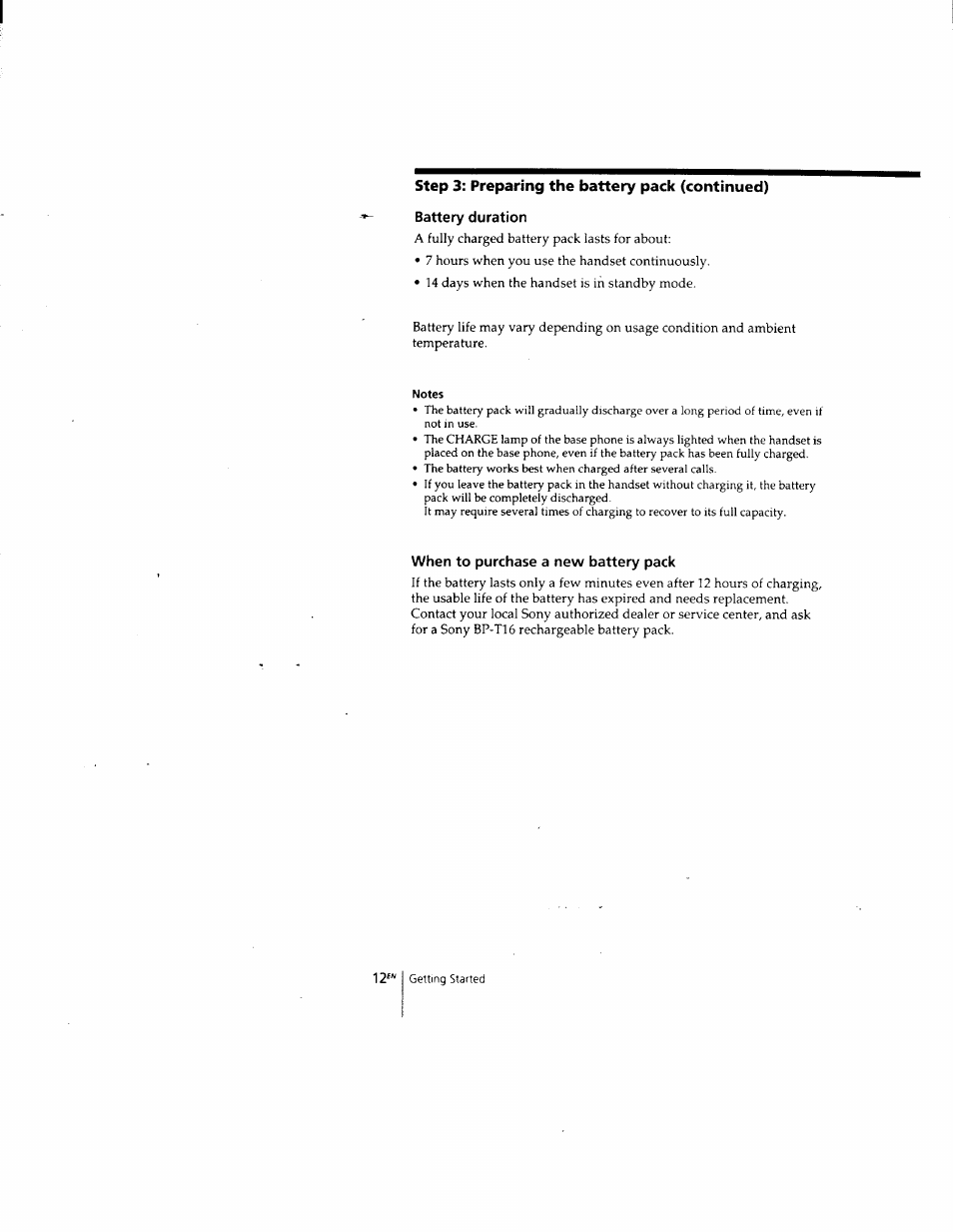 Notes, When to purchase a new battery pack | Sony SPP-205 User Manual | Page 12 / 63