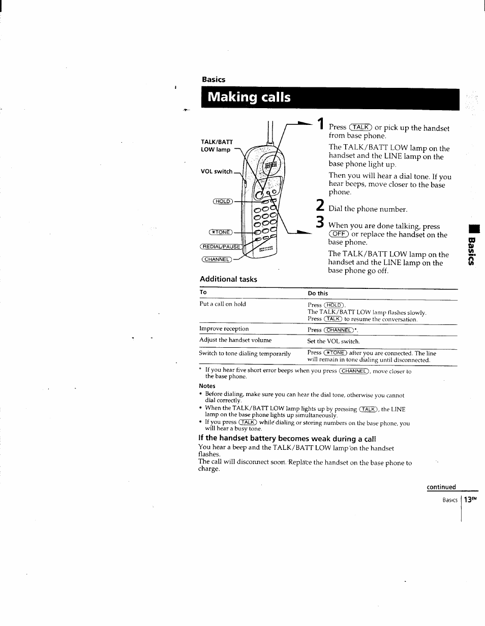 Making calls, If the handset battery becomes weak during a call, Continued | Sony SPP-205 User Manual | Page 13 / 63