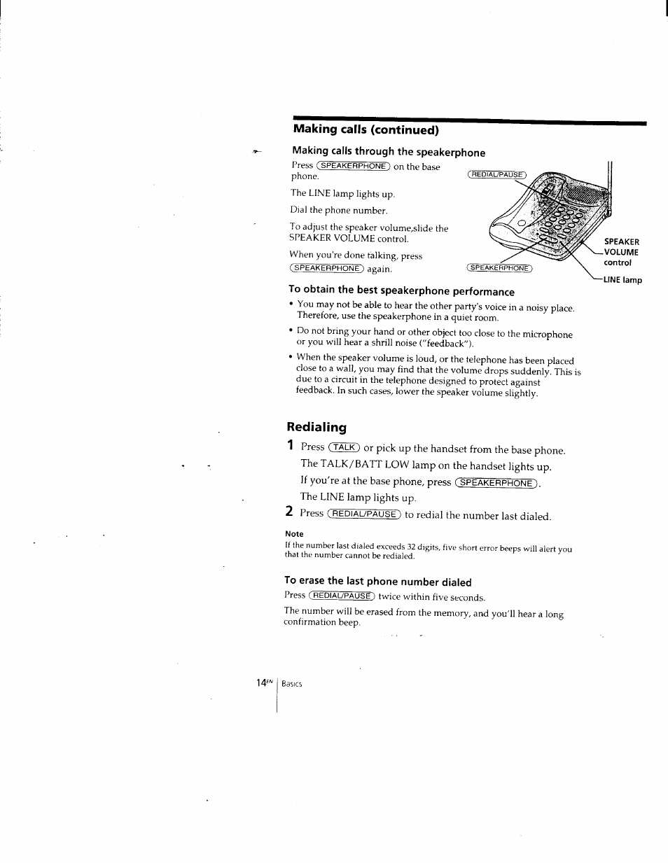 Making calls through the speakerphone, To obtain the best speakerphone performance, Note | To erase the last phone number dialed, Making calls (continued), Redialing | Sony SPP-205 User Manual | Page 14 / 63