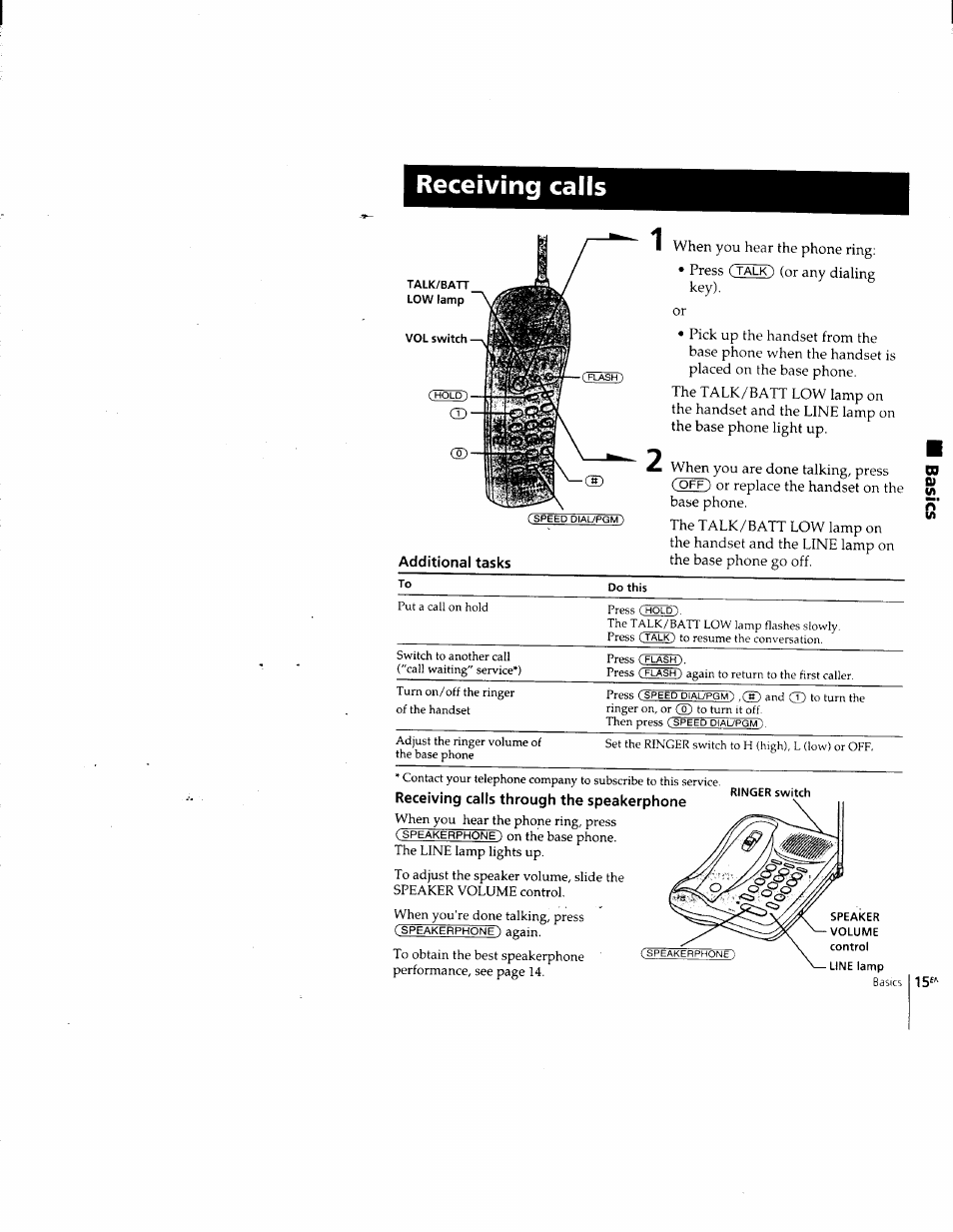 Receiving calls, Receiving calls through the speakerphone | Sony SPP-205 User Manual | Page 15 / 63
