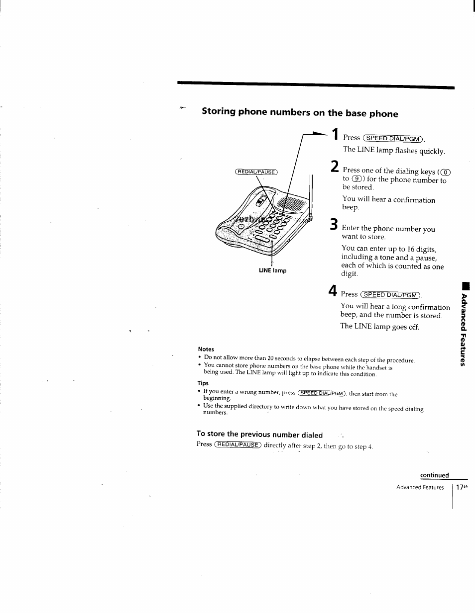 Storing phone numbers on the base phone, To store the previous number dialed, Continued | Sony SPP-205 User Manual | Page 17 / 63