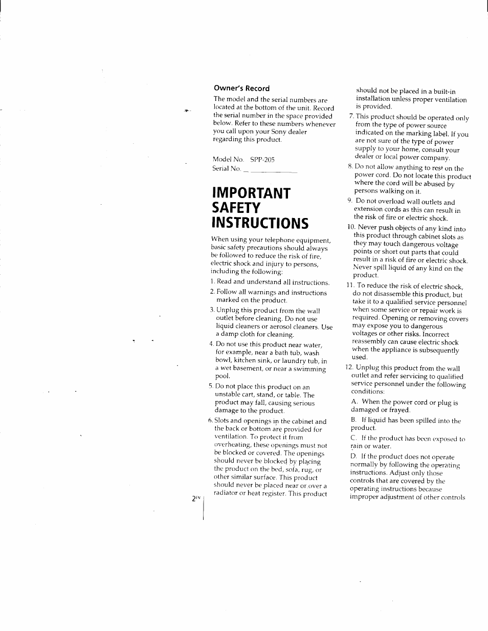 Owner's record, Important safety instructions | Sony SPP-205 User Manual | Page 2 / 63