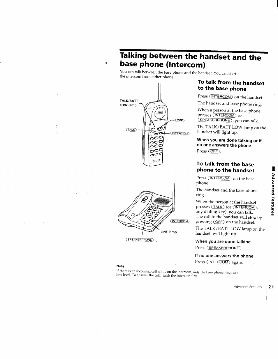 To talk from the handset to the base phone, To talk from the base phone to the handset | Sony SPP-205 User Manual | Page 21 / 63