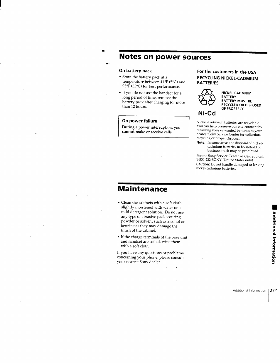 Notes on power sources, On battery pack, On power failure | For the customers in the usa, Recycling nickel-cadmium batteries, Maintenance | Sony SPP-205 User Manual | Page 27 / 63