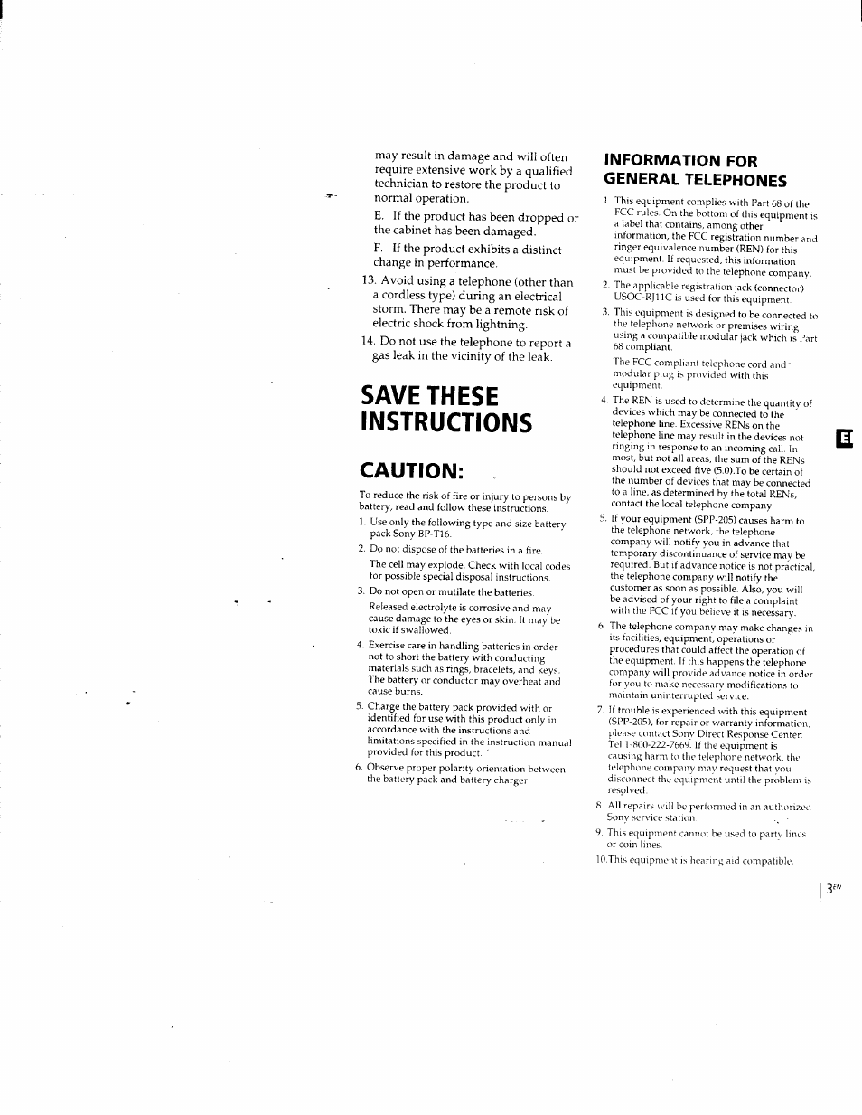Caution, Save these instructions, Information for general telephones | Sony SPP-205 User Manual | Page 3 / 63