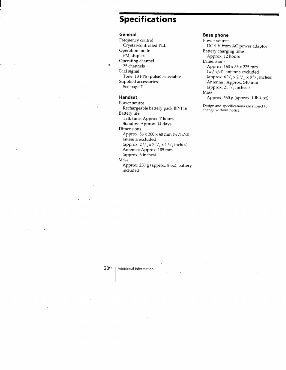 Specifications | Sony SPP-205 User Manual | Page 30 / 63