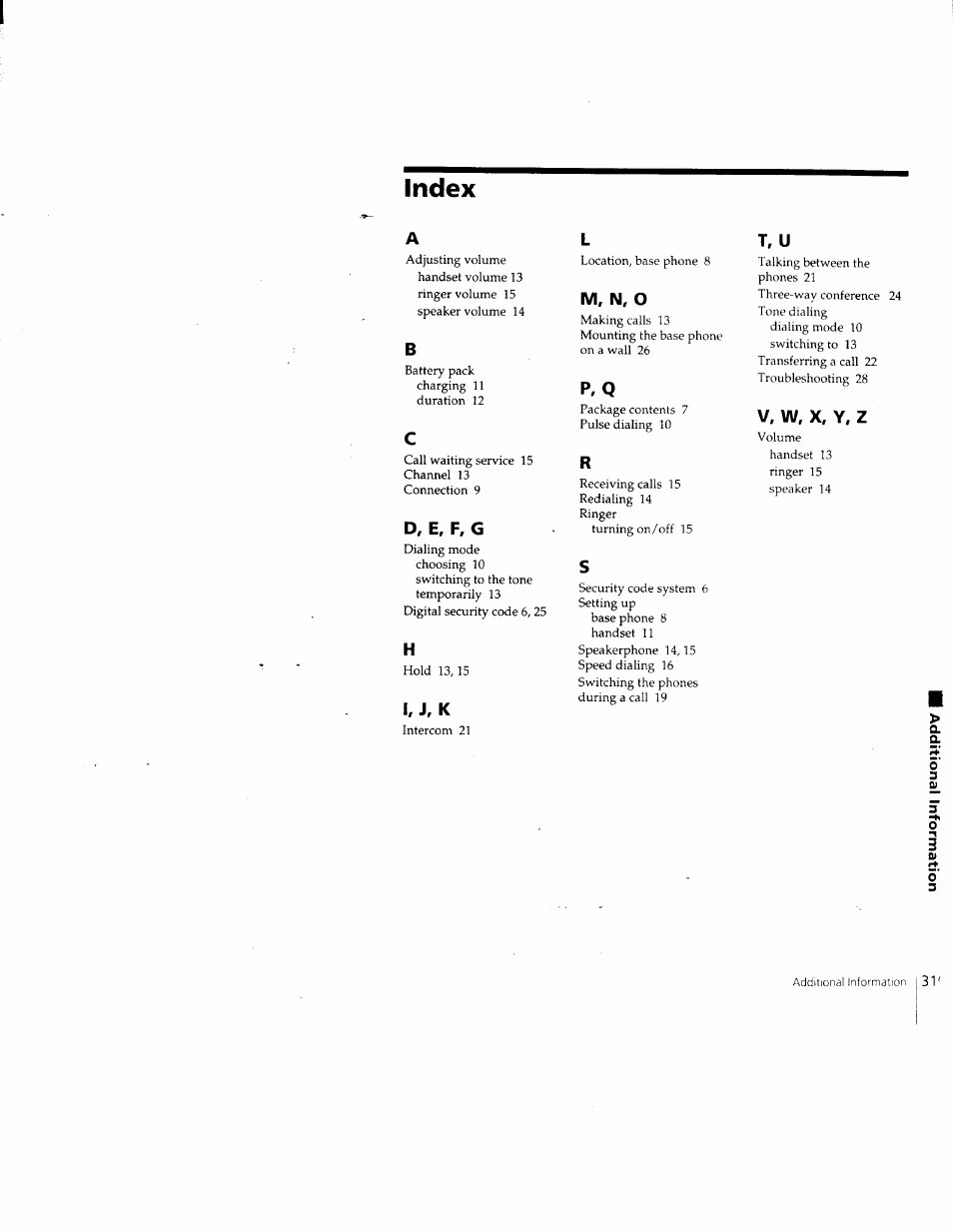 Index, D, e. f, g, I, j, k | M, n, o, T, u, V, w, x, y, z | Sony SPP-205 User Manual | Page 31 / 63