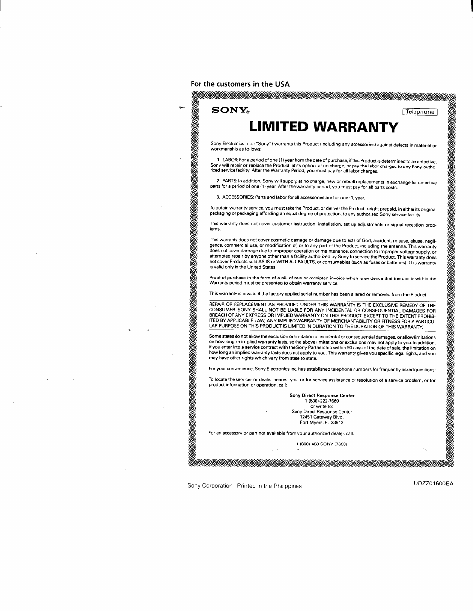 For the customers in the usa, Sony, Limited warranty | Sony SPP-205 User Manual | Page 32 / 63