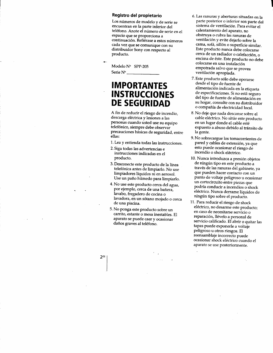 Importantes instrucciones de seguridad | Sony SPP-205 User Manual | Page 33 / 63