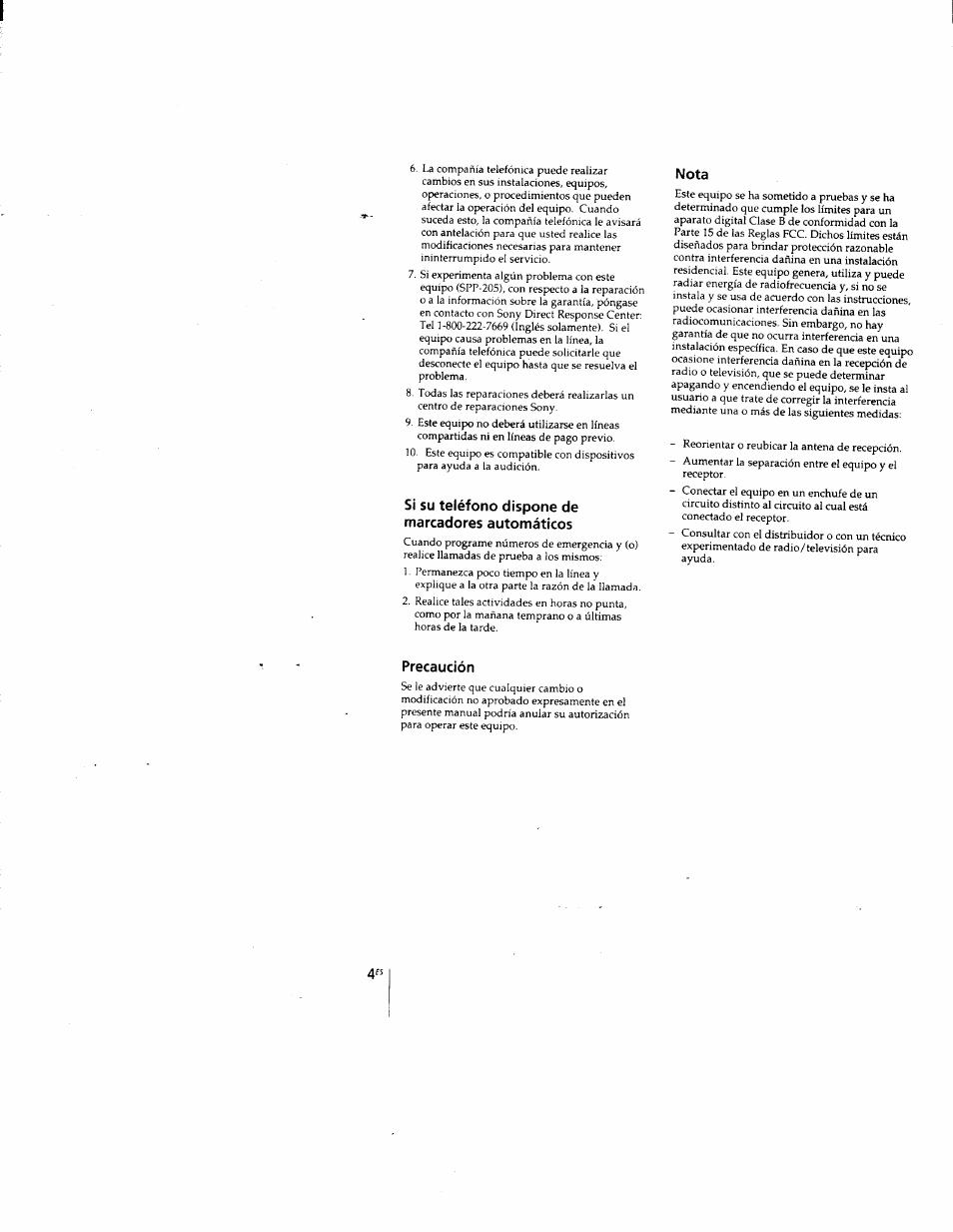 Si su teléfono dispone de marcadores automáticos, Nota, Precaución | Sony SPP-205 User Manual | Page 35 / 63