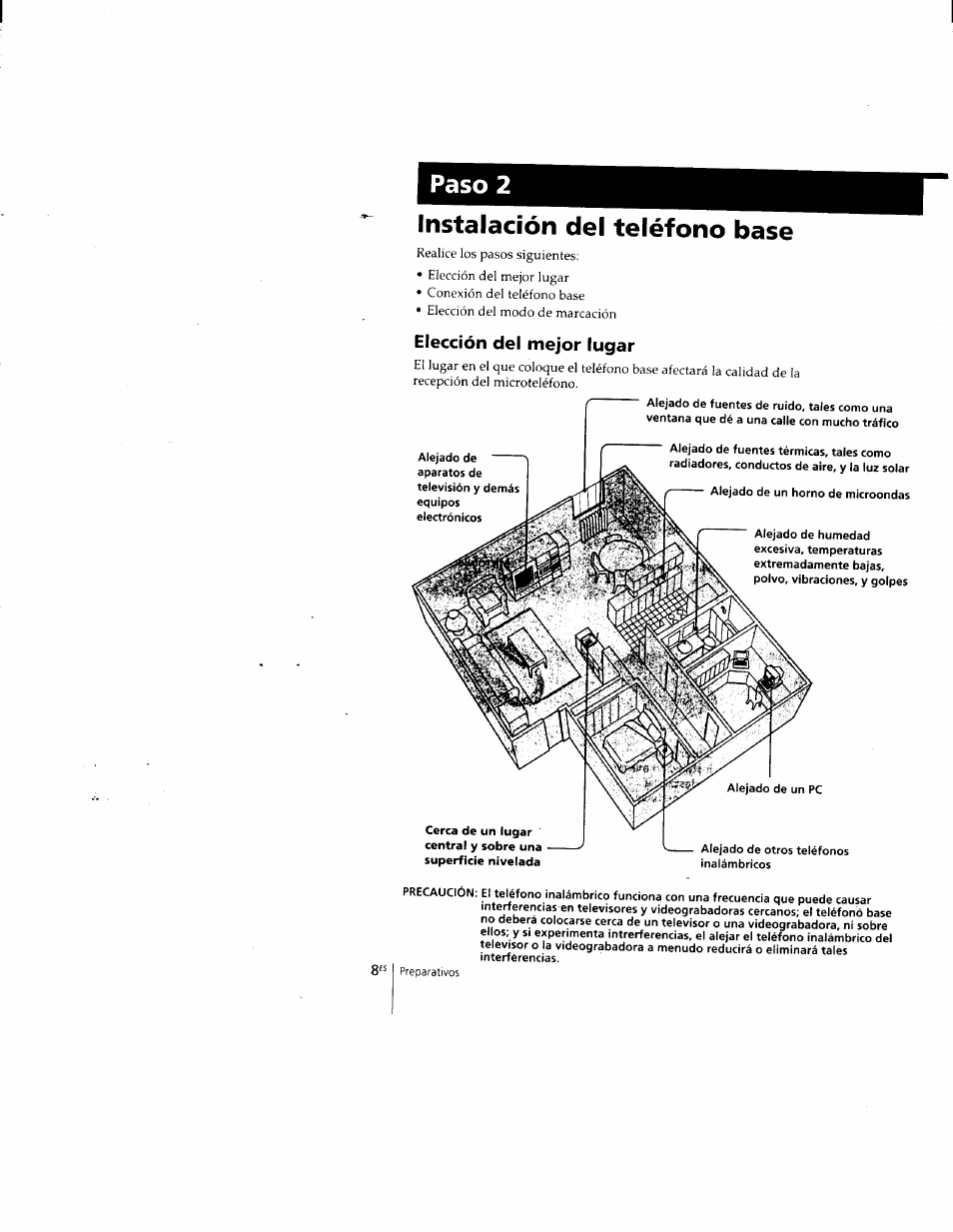 Instalación del teléfono base, Elección del mejor lugar, Paso 2 instalación del teléfono base | Sony SPP-205 User Manual | Page 39 / 63