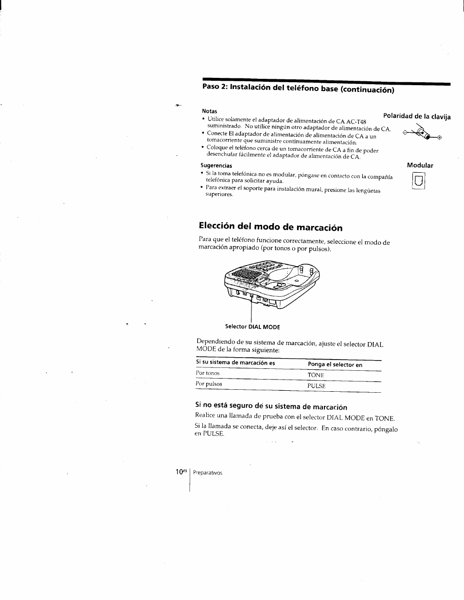 Notas, Sugerencias, Polaridad de la clavija | Modular, Elección del modo de marcación, Si no está seguro dé su sistema de marcación | Sony SPP-205 User Manual | Page 41 / 63