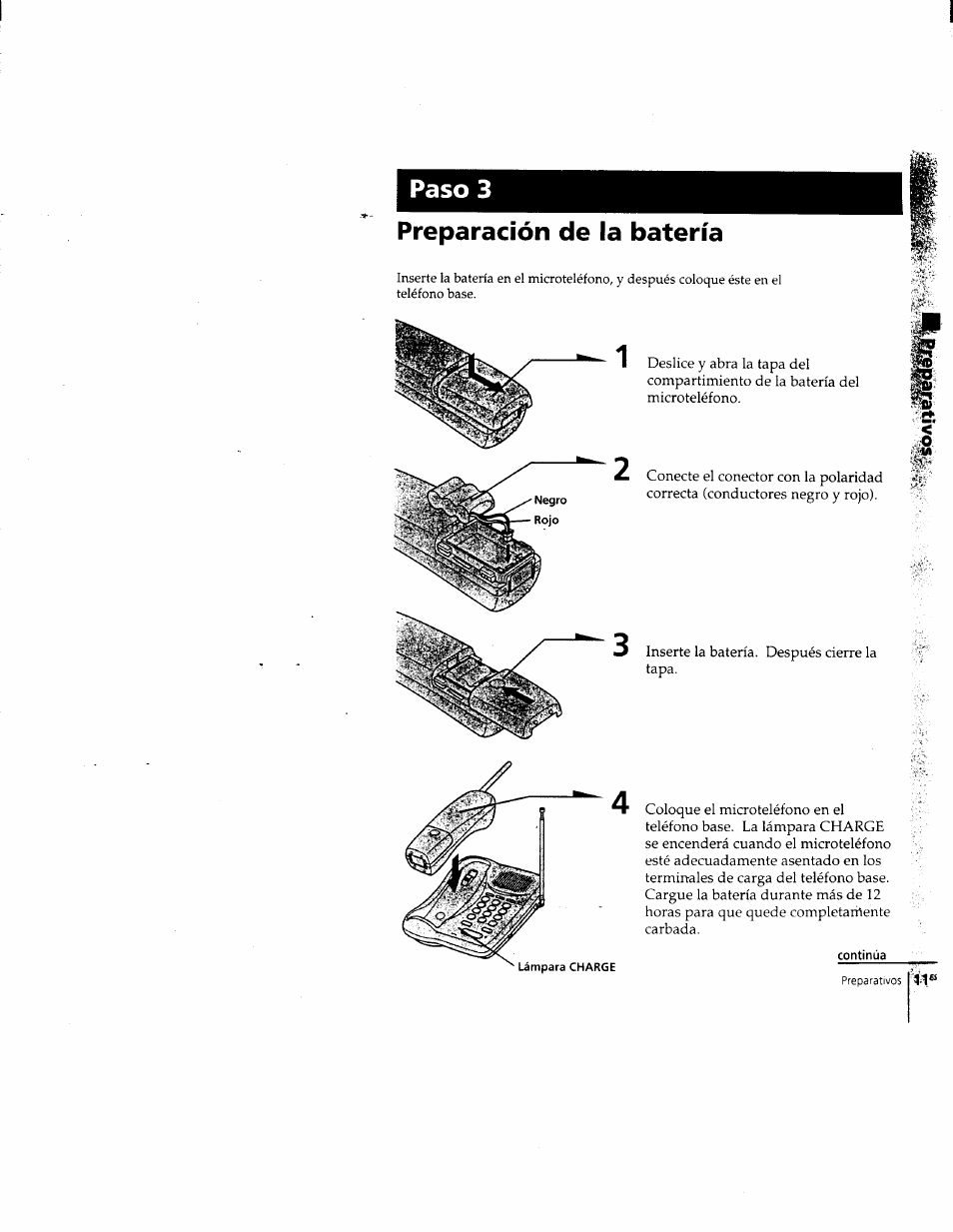 Preparación de la batería, Continúa, Paso 3 preparación de la batería | Sony SPP-205 User Manual | Page 42 / 63