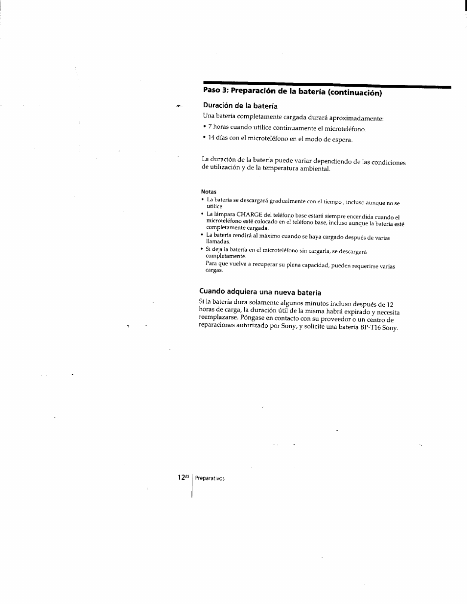 Duración de la batería, Notas, Cuando adquiera una nueva batería | Paso 3: preparación de la batería (continuación) | Sony SPP-205 User Manual | Page 43 / 63