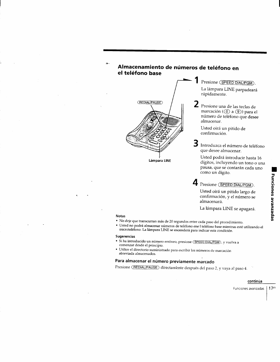 Notas, Sugerencias, Para almacenar el número previamente marcado | Continúa | Sony SPP-205 User Manual | Page 48 / 63