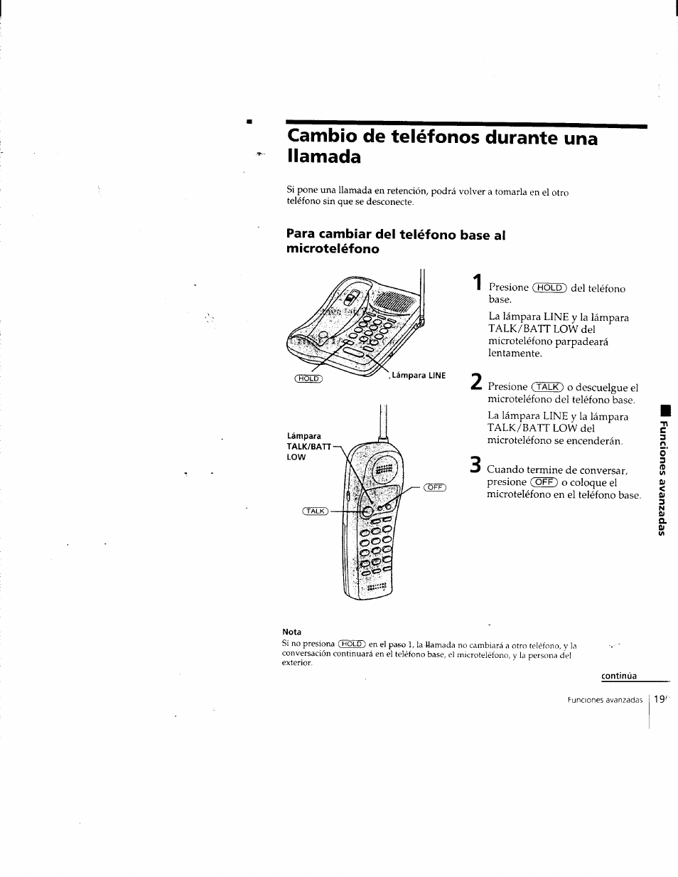 Cambio de teléfonos durante una llamada, Para cambiar del teléfono base al microteléfono, Continúa | Sony SPP-205 User Manual | Page 50 / 63