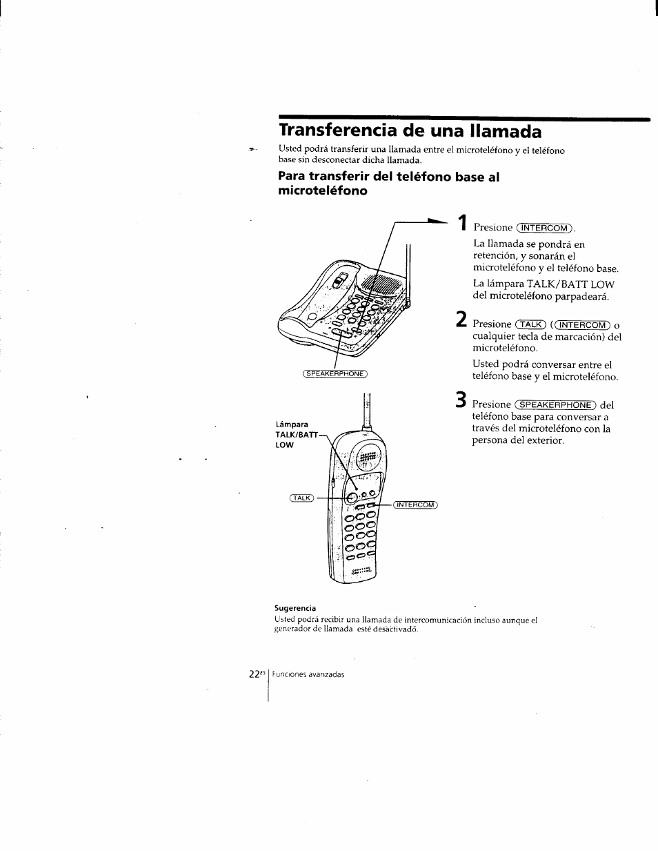 Transferencia de una llamada, Para transferir del teléfono base al microteléfono | Sony SPP-205 User Manual | Page 53 / 63