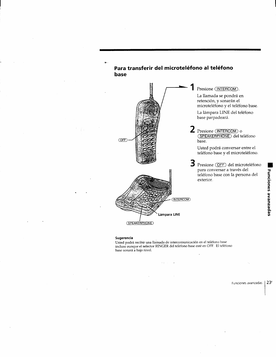 Para transferir del microteléfono ai teléfono base | Sony SPP-205 User Manual | Page 54 / 63