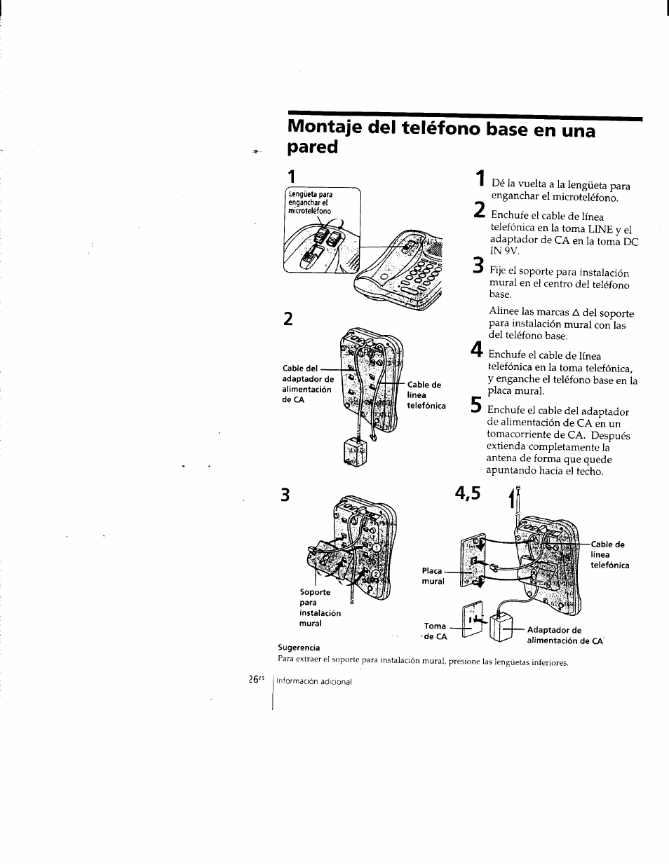 Montaje del teléfono base en una pared | Sony SPP-205 User Manual | Page 57 / 63