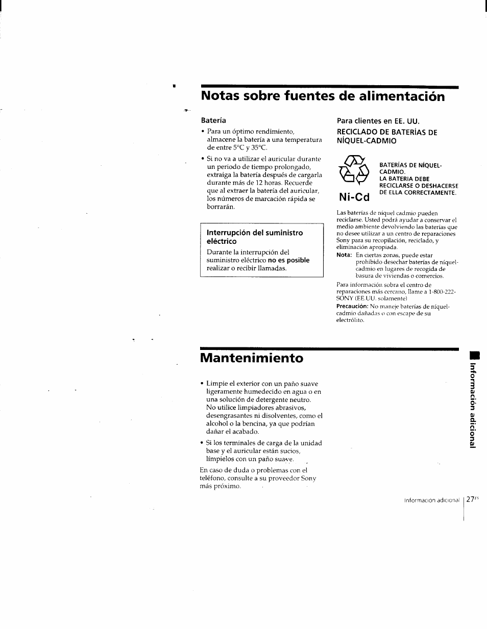 Notas sobre fuentes de alimentación, Batería, Para clientes en ee. uu | Reciclado de baterías de níquel-cadmio, Mantenimiento | Sony SPP-205 User Manual | Page 58 / 63