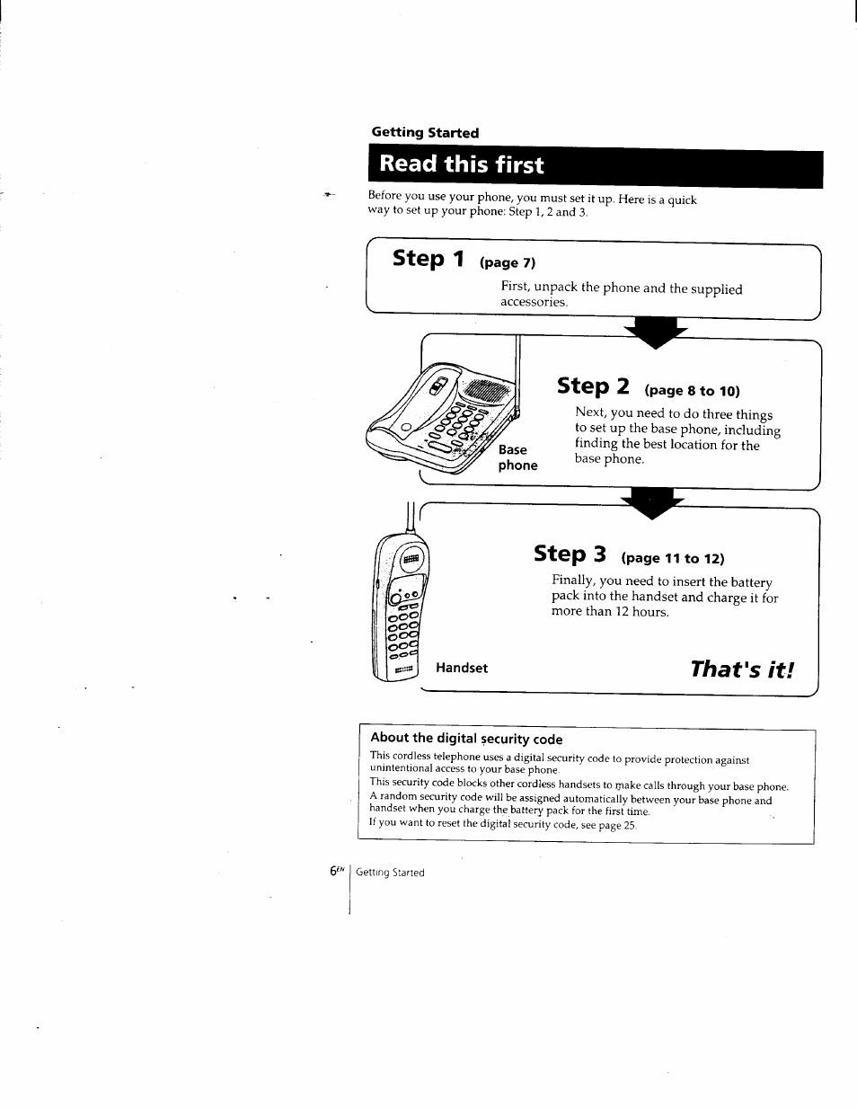 Read this first, About the digital security code, Step 1 | Step, Thavs it | Sony SPP-205 User Manual | Page 6 / 63