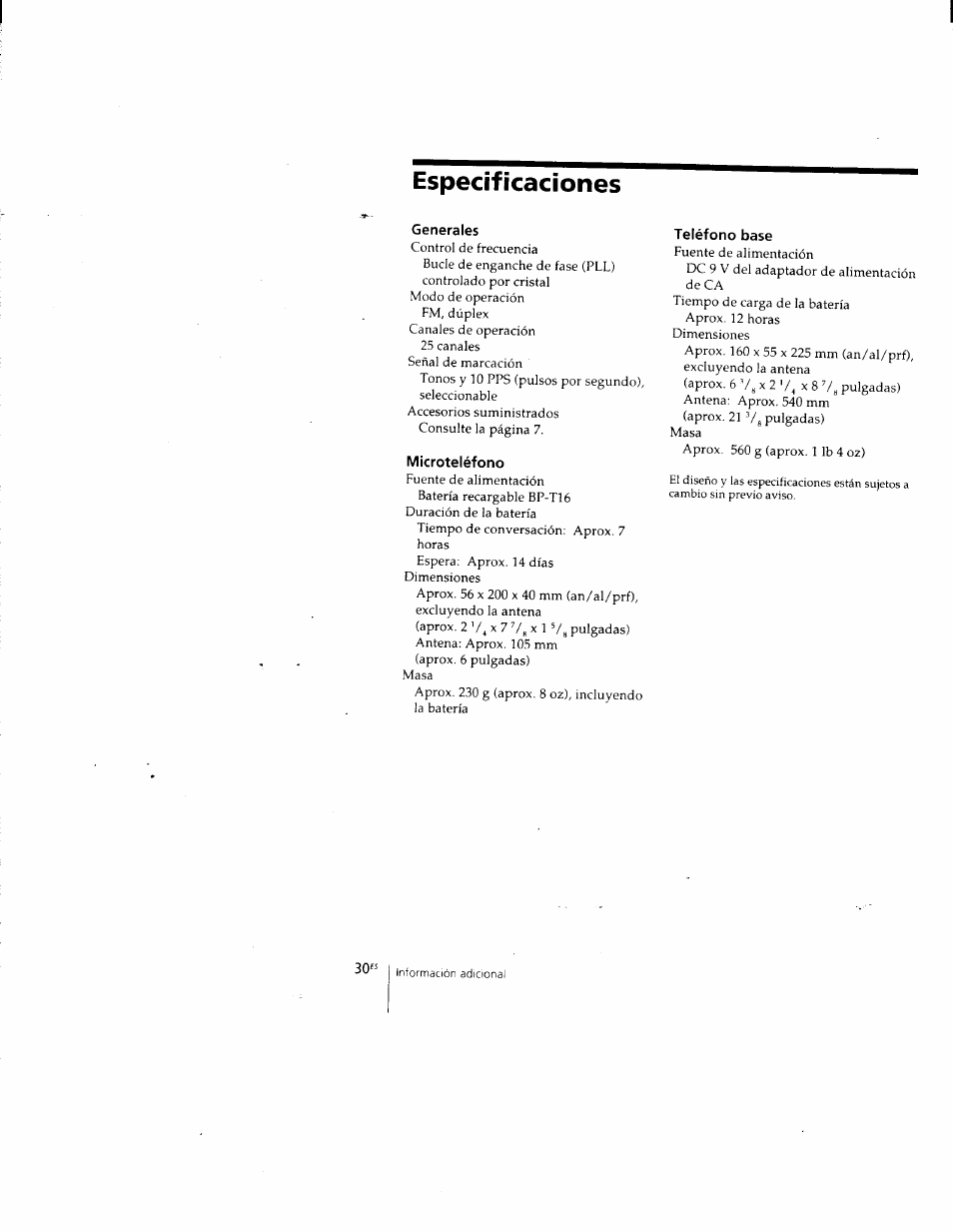 Especificaciones, Generales, Microteléfono | Teléfono base | Sony SPP-205 User Manual | Page 61 / 63