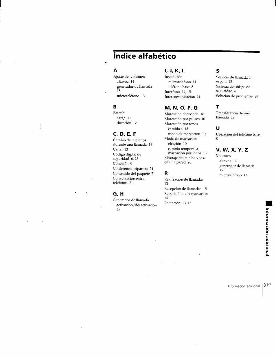 Índice alfabético | Sony SPP-205 User Manual | Page 62 / 63