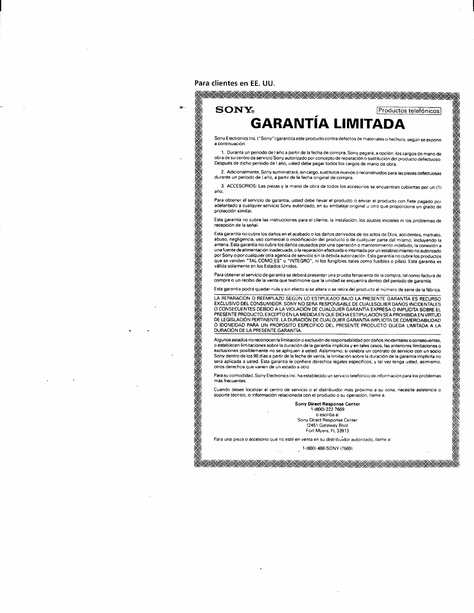 Para clientes en ее. uu, Garantía limitada, Sony | Sony SPP-205 User Manual | Page 63 / 63