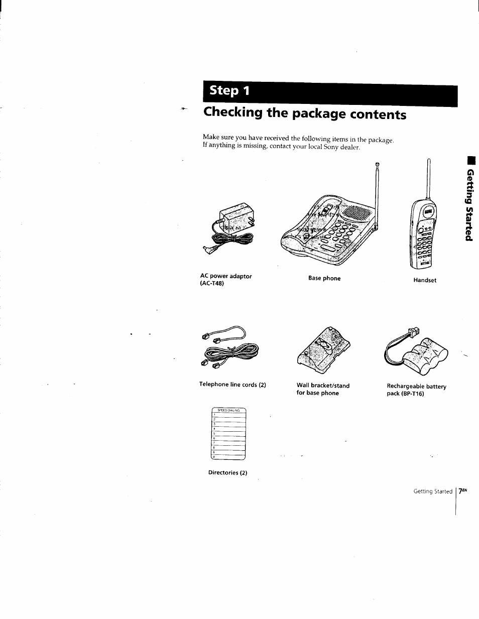 Checking the package contents, Step 1 | Sony SPP-205 User Manual | Page 7 / 63