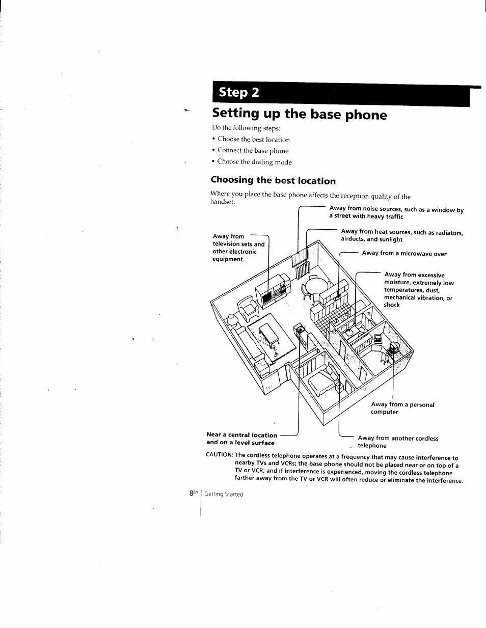 Setting up the base phone, Choosing the best location, Step 2 | Sony SPP-205 User Manual | Page 8 / 63