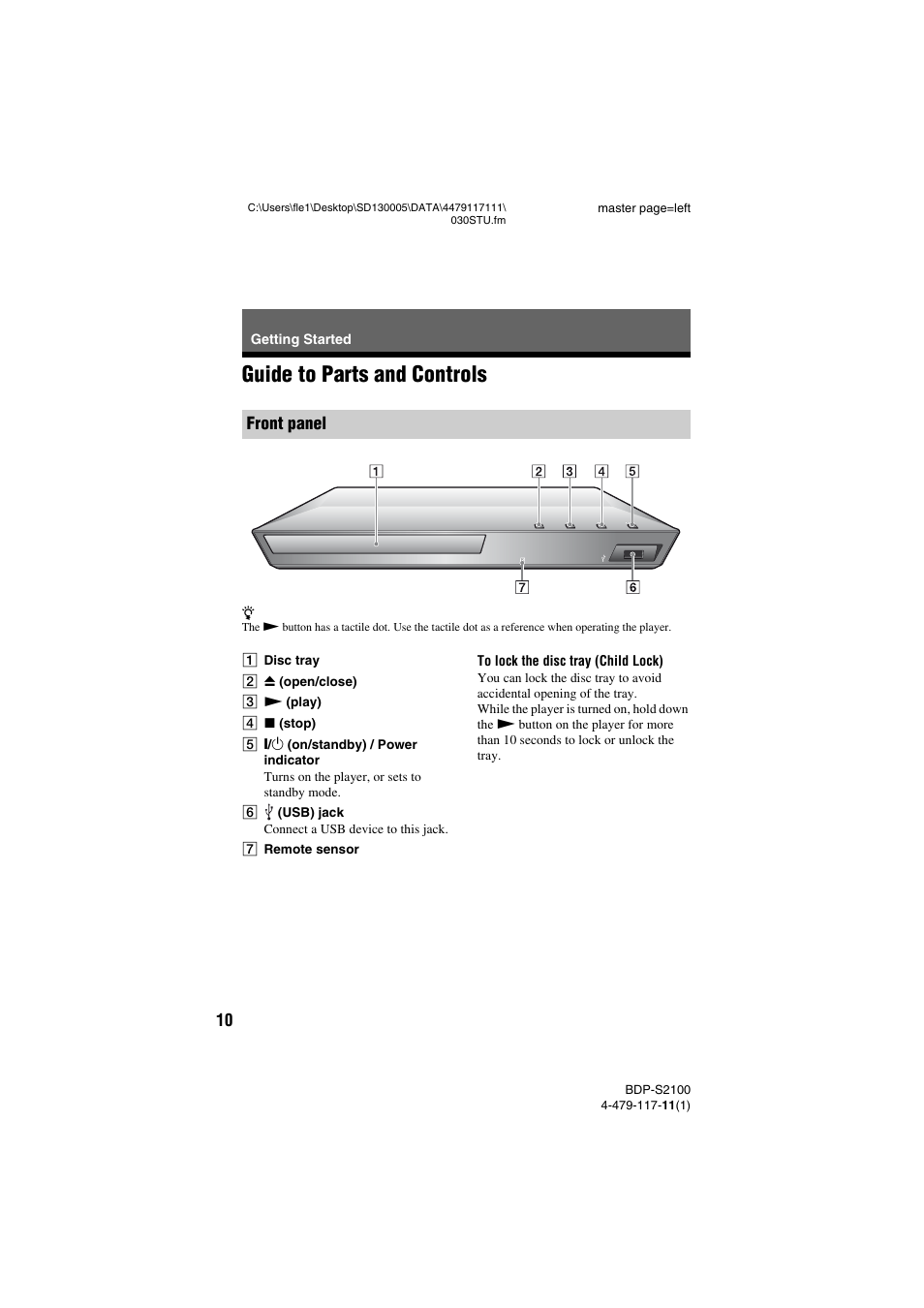 Getting started, Guide to parts and controls, Front panel | Sony BDP-S2100 User Manual | Page 10 / 44