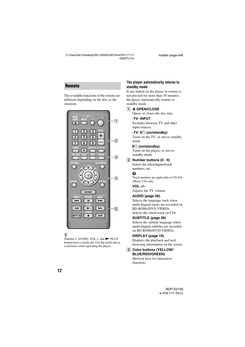 Remote | Sony BDP-S2100 User Manual | Page 12 / 44