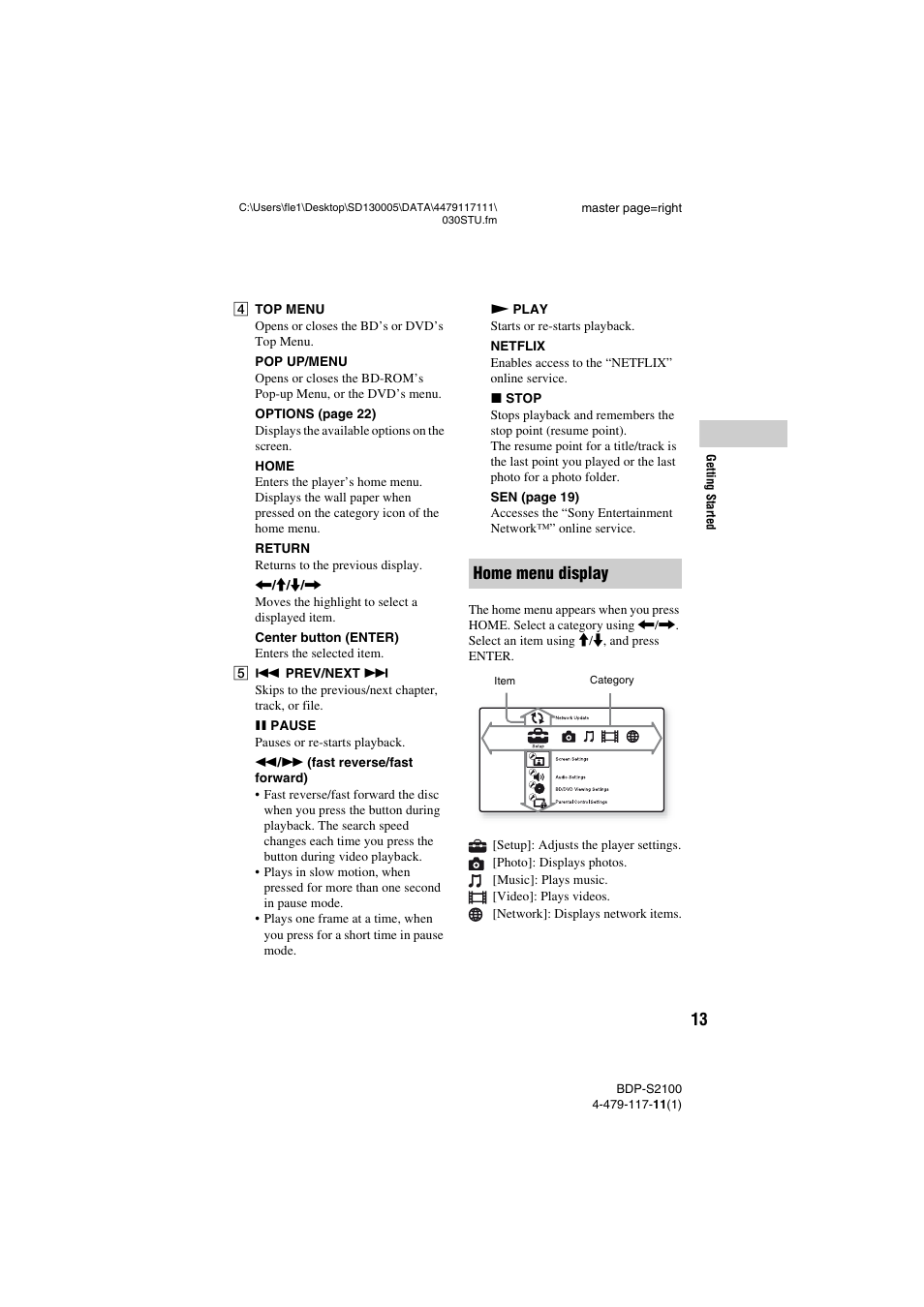 Home menu display | Sony BDP-S2100 User Manual | Page 13 / 44