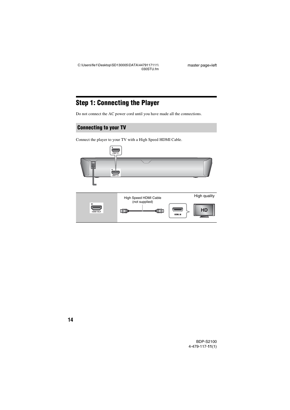 Step 1: connecting the player, Connecting to your tv | Sony BDP-S2100 User Manual | Page 14 / 44