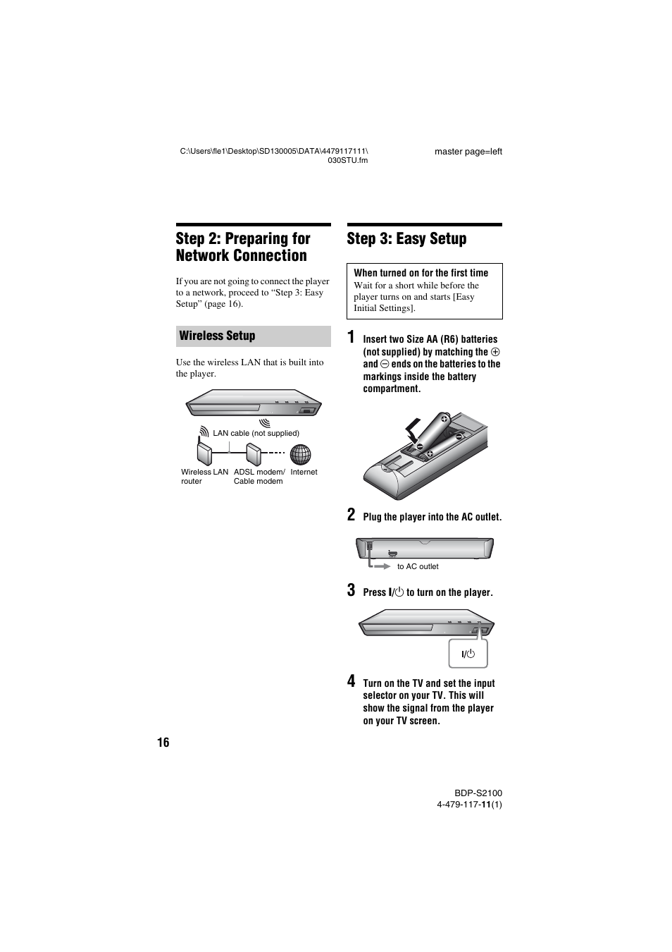 Step 2: preparing for network connection, Step 3: easy setup | Sony BDP-S2100 User Manual | Page 16 / 44