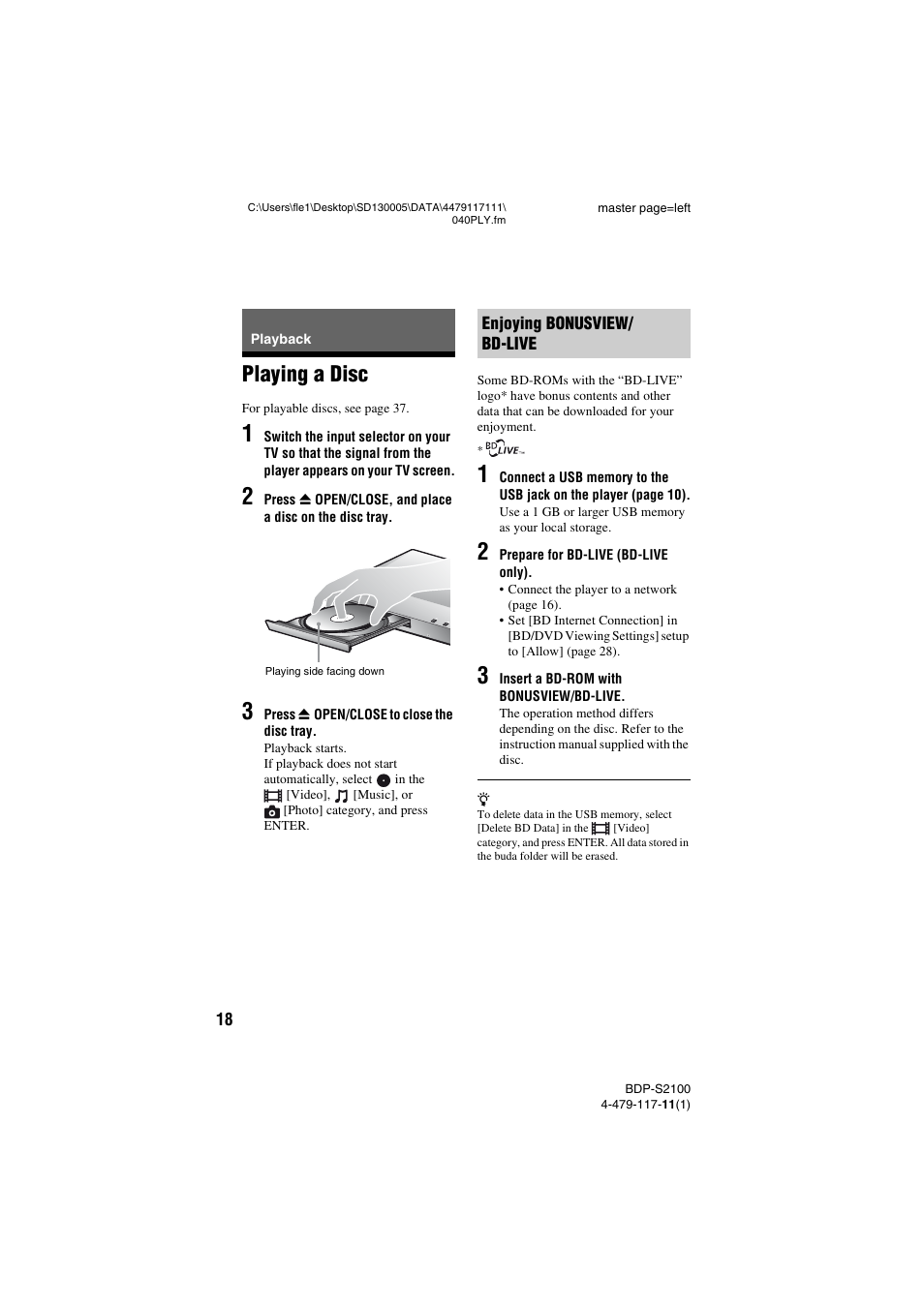 Playback, Playing a disc | Sony BDP-S2100 User Manual | Page 18 / 44
