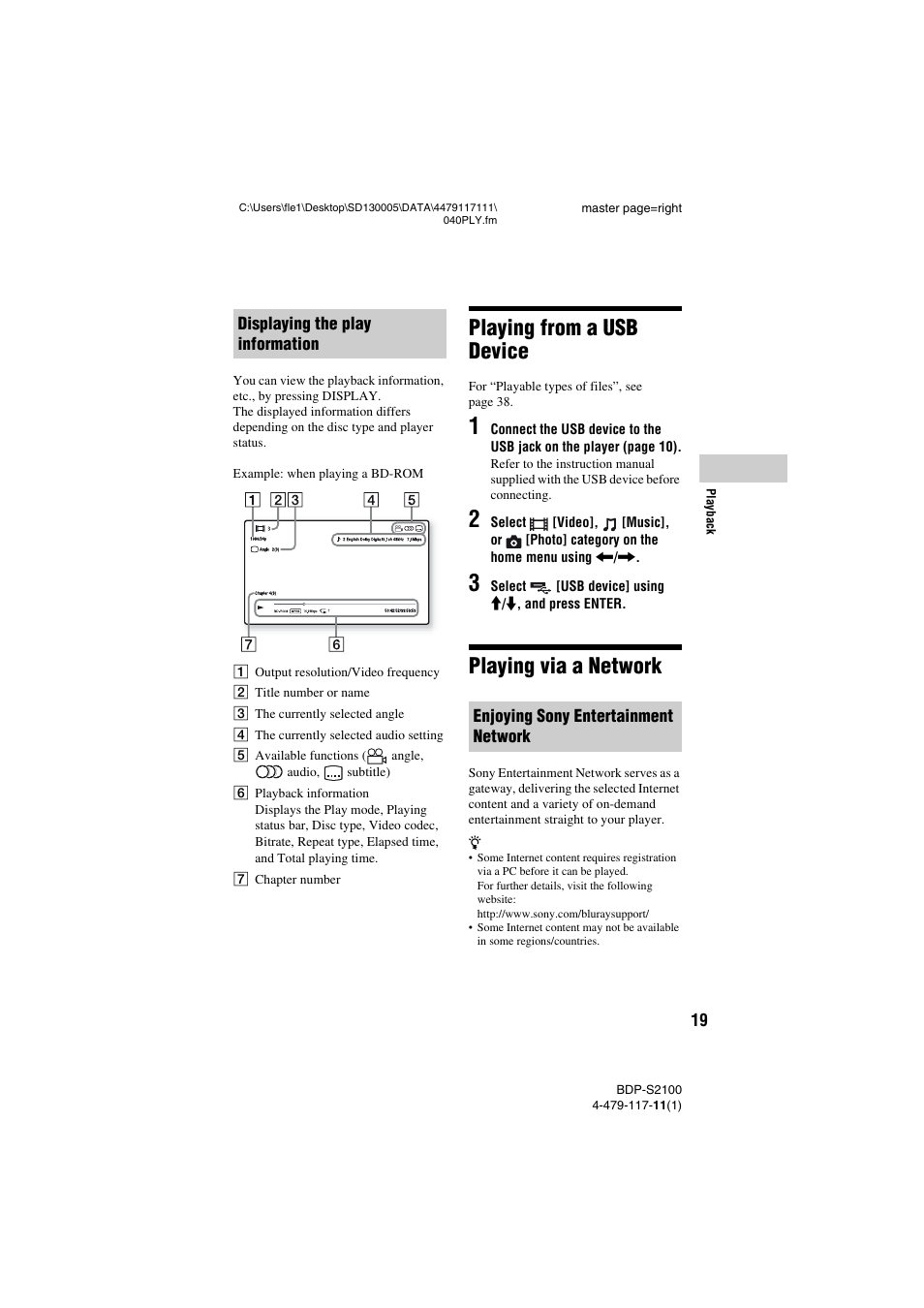 Playing from a usb device, Playing via a network | Sony BDP-S2100 User Manual | Page 19 / 44