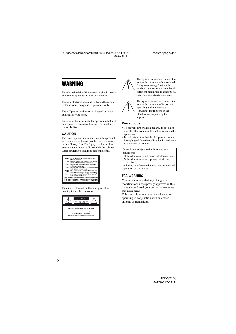 Warning | Sony BDP-S2100 User Manual | Page 2 / 44