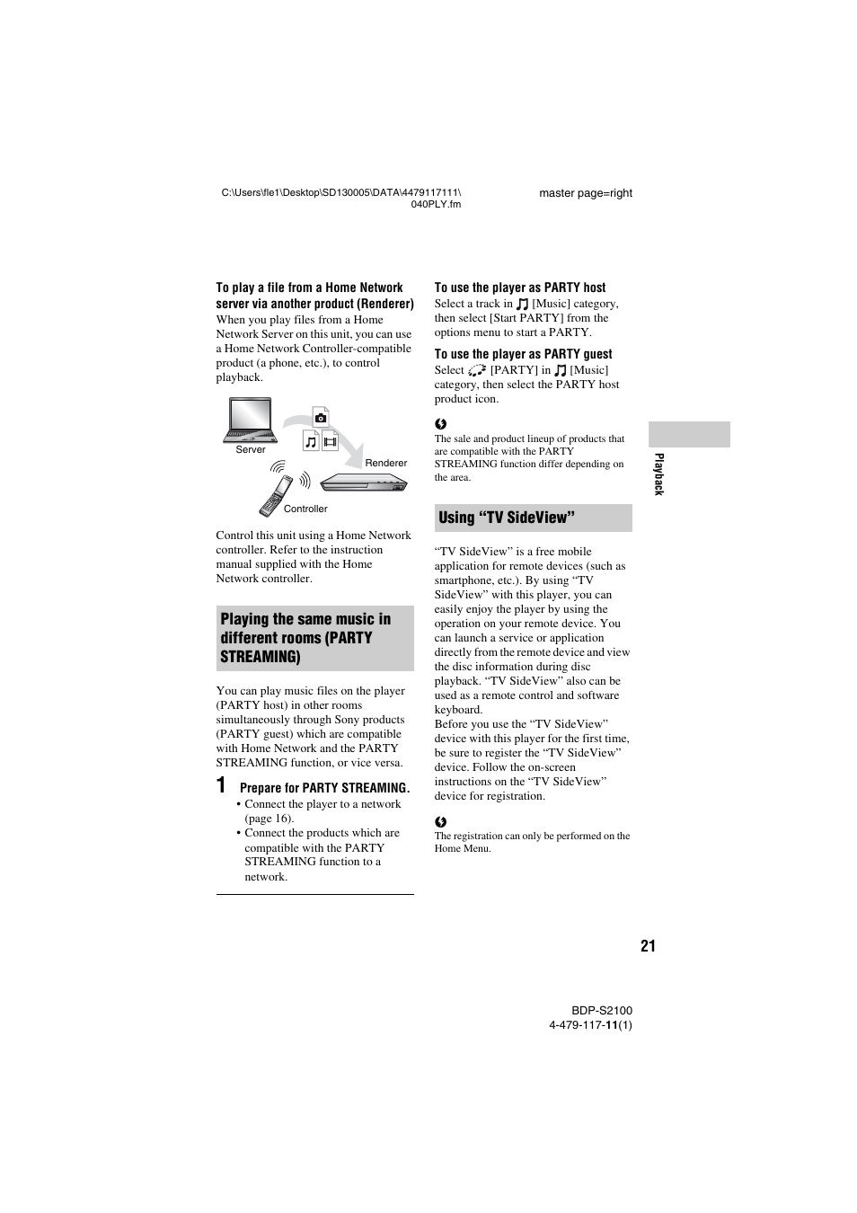 Using “tv sideview | Sony BDP-S2100 User Manual | Page 21 / 44