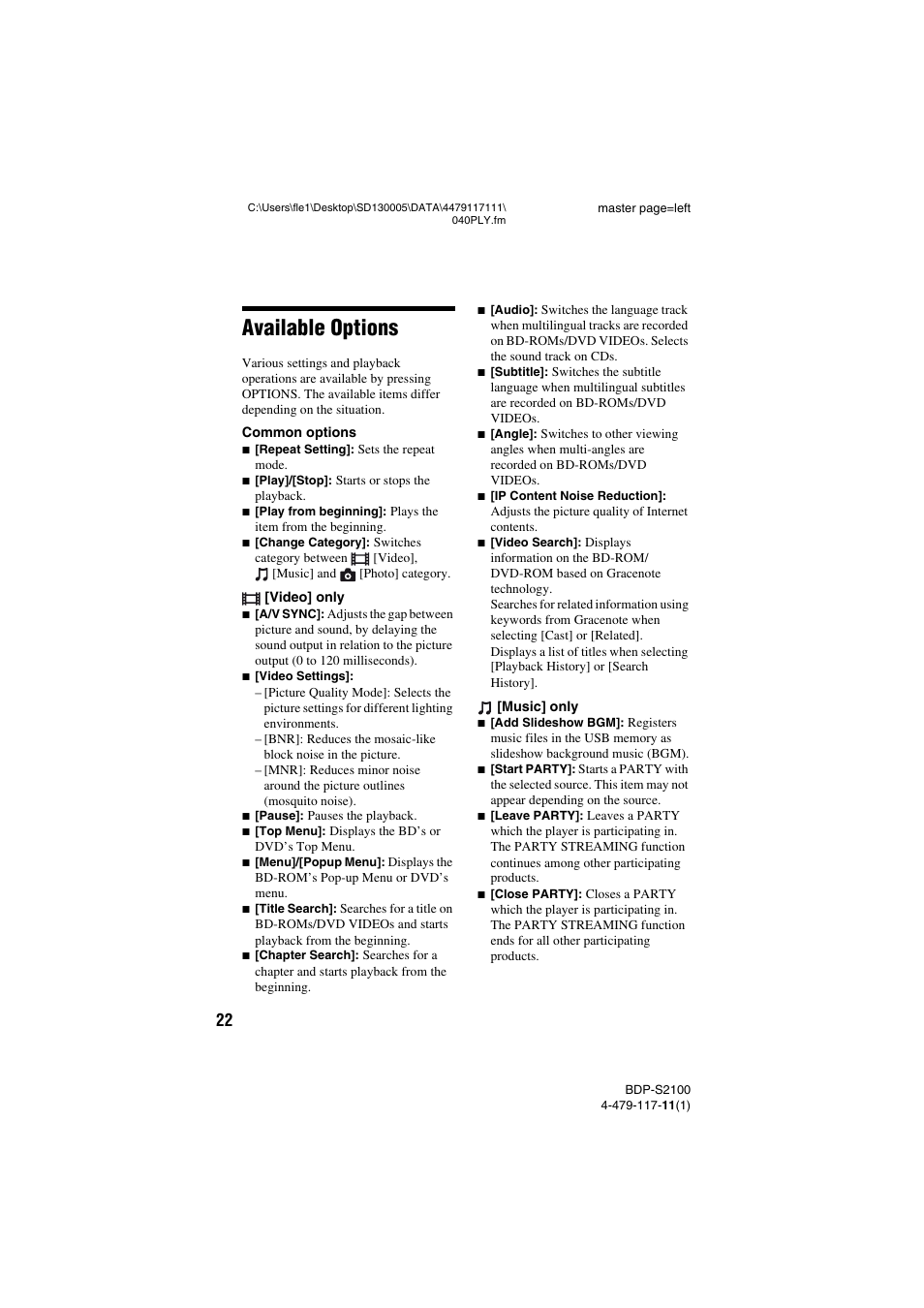 Available options | Sony BDP-S2100 User Manual | Page 22 / 44