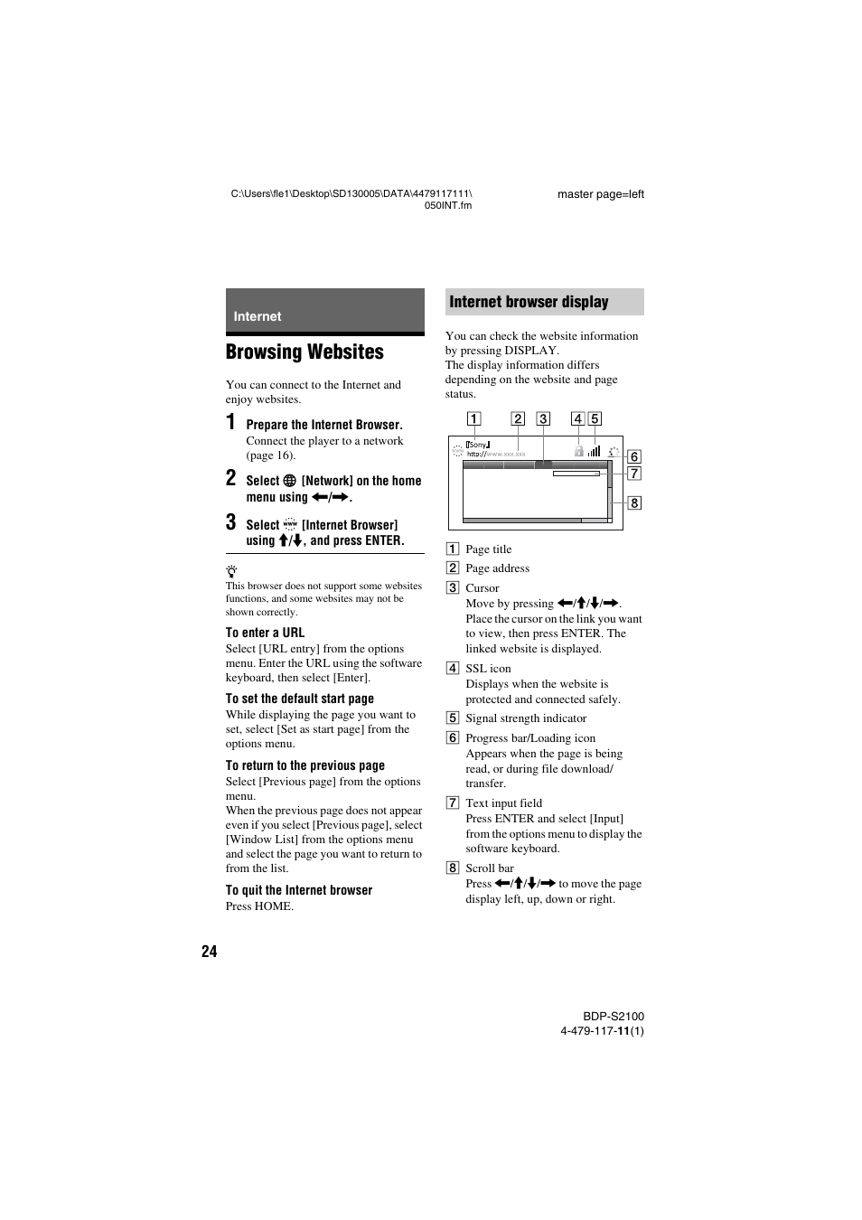 Internet, Browsing websites | Sony BDP-S2100 User Manual | Page 24 / 44